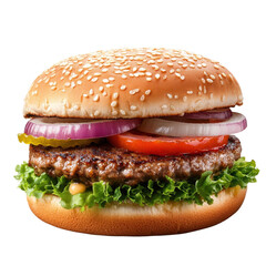 Burger stacked with lettuce, tomato, onion, and pickles on a sesame seed bun on a white surface