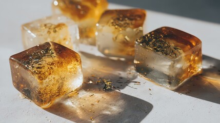 Golden Glitter Ice Cubes on White Surface in Bright Sunlight Close Up Perspective