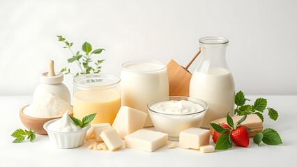 Assortment of fresh dairy products, beautifully arranged for a wholesome and appetizing display.