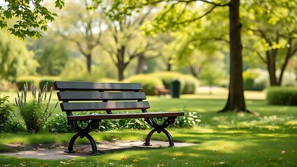 A serene park bench sits empty amidst lush greenery under natural daylight.