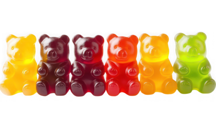 Six brightly colored translucent gummy bear candies lined up in a row against a solid for confectionery advertising