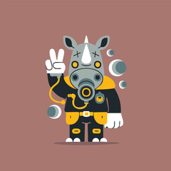 Cartoon pig in gas mask giving peace sign.