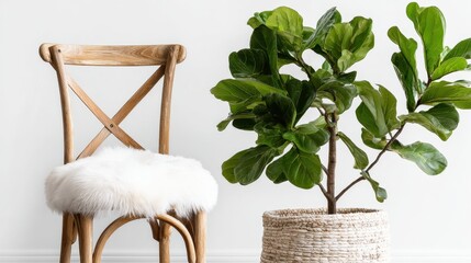 Green Fiddle Leaf Fig Plant Next to Woven Wood Chair in White Room with Soft Lighting and Natural Tones Elegant Home Decor Interior Design