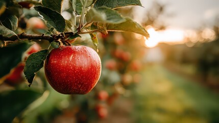 Red Apple on Branch in Orchard at Sunset with Warm Sunlight Green Leaves and Bokeh in Background