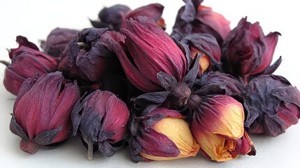 Pile of Dried Red Roselle Hibiscus Flowers on White Surface Still Life