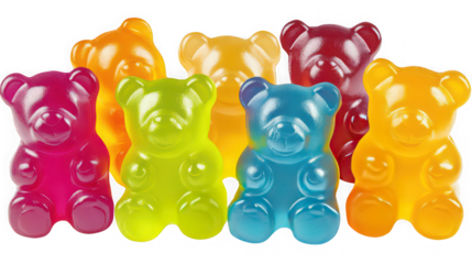 Assortment of vibrant translucent gummy bear candies in various bright colors