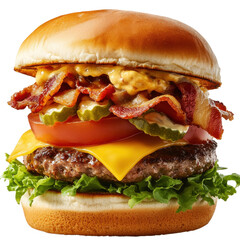 A burger stacked with lettuce, tomato, cheese, bacon, and pickles on a toasted bun is on a plain background