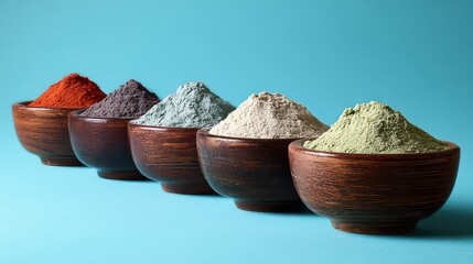 Rustic Bowls of Colorful Spices on Teal Background with Soft Natural Lighting and Textured Wooden Bowls Filled with Various Aromatic Seasonings