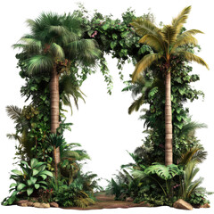Tall palm trees and various plants frame a path in a dense forest area filled with greenery