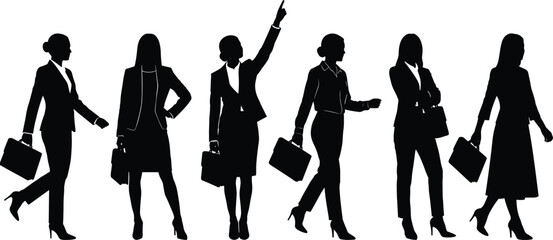 Obraz premium Businesswoman silhouettes walking and gesturing, confident female professionals with briefcases, corporate leadership and modern office lifestyle illustration set