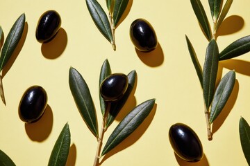 Scattered Black Olives with Green Leaves on Yellow Textured Background in Bright Studio Lighting