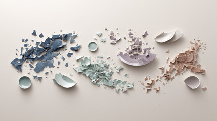 World map fragments assembled from broken ceramic pieces in pastel colors Arrangement of shattered ceramic shards meticulously pieced together to form abstract representations of continents landmasses