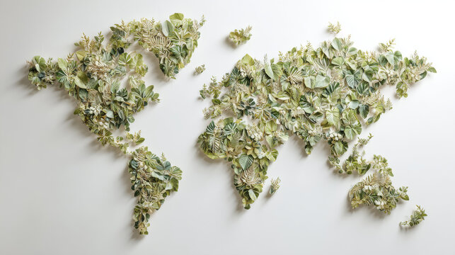 World map artfully crafted from diverse green leaves natural elements. Unique intricate representation of Earth's continents formed entirely from variety of fresh green foliage and botanical details