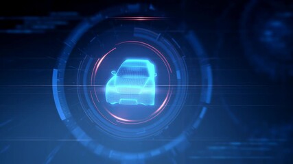 Futuristic hologram car floating with glowing blue and red digital interface technology animation in dark background design - Powered by Adobe