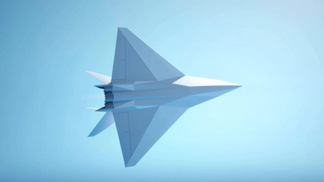 Futuristic low poly jet aircraft flying in clear blue sky with sleek aerodynamic design and sharp angles creating dynamic motion