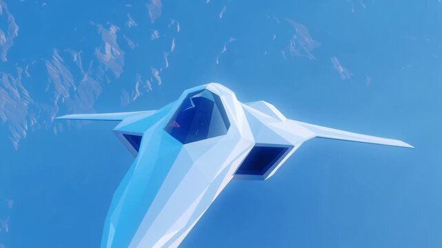 Futuristic low poly jet aircraft flying in clear blue sky with sleek angular design sharp edges and modern aerodynamic shape