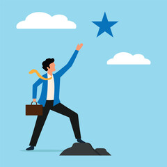 Obraz premium Businessman reach to star, Businessman running on cloud. Success ladder to reach goal, achievement or opportunity, employee reach career success, woman leadership,