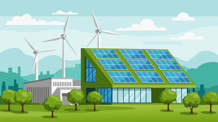 Obraz premium A modern green building with solar panels and wind turbines in a scenic landscape, representing renewable energy.