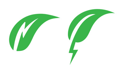 Green Eco Energy Leaf Icons with Lightning Bolt for Sustainable Power and Renewable Electricity Concept