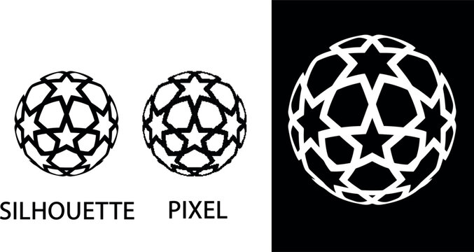 Minimalist white vector logo of a sphere constructed from interconnected stars soccer ball pixel