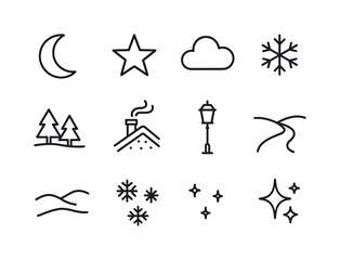 Winter Night Icons. Calm winter night atmosphere. Line outline icon set of Calm winter night atmosphere: