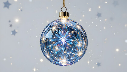 Sparkling blue Christmas ornament with snowflake design hanging on gold string