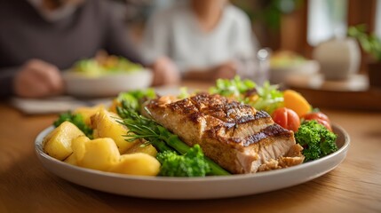 Grilled salmon with roasted potatoes and fresh vegetables served on a plate at a family dinner