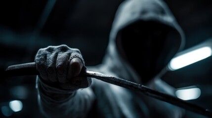 Hooded figure holding weapon