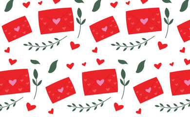 Pink flowers and plants, Hearts in craft envelope pattern. Romantic Valentines or mother, women day celebration background. 