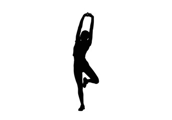 Silhouette of Woman Stretching in Yoga Tree Pose.