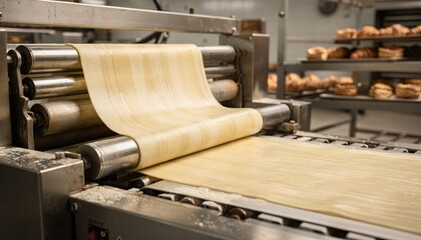 Medium shot focusing on pastry dough being smoothly laminated and rolled by industrial machines preparing delicate layers for assorted baked goods.