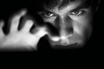 Young man spying keenly from shadows, expressing suspicion, fear, or evil intent