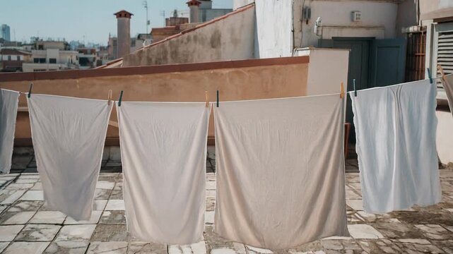 Rooftop laundry clothesline urban lifestyle, dolly-in toward white laundry drying on a clothesline at an old city rooftop during a sunny morning with classic buildings.