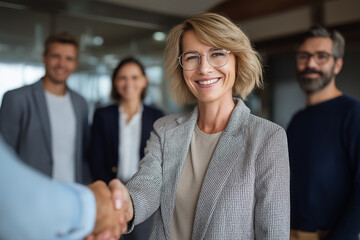Senior Female chief shaking hands with business partner while standing with her team of experts at office