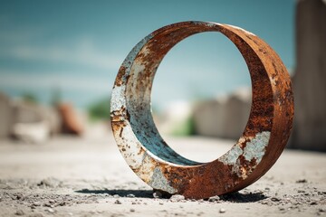 Rusty metal ring with peeling paint standing on rough ground under a blue sky