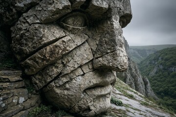 Stone face sculpture carved into a mountain, overlooking a green valley under a cloudy sky