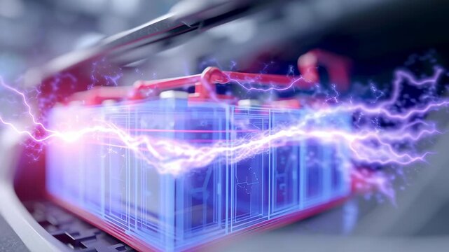 Electric car battery virtual interface glowing energy flow power transmission technology concept and advanced energy management