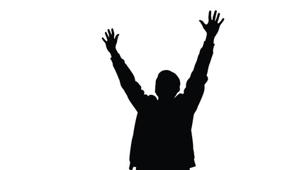 Silhouette of a person with both arms raised high in the air against a stark white background symbolizing victory and celebration