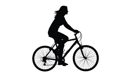 Obraz premium Silhouette of a woman riding a mountain bicycle isolated on a clean white background representing fitness and outdoor activity
