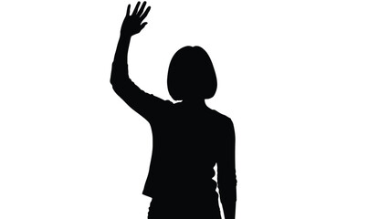 Silhouette of a woman with short hair waving her hand high in the air against a stark white background symbolizing greeting or farewell