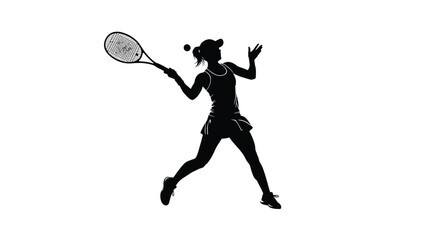 Dynamic black silhouette of a female tennis player executing a powerful overhead serve against a stark white background perfect for sports graphics