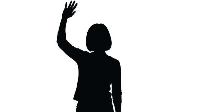 Silhouette of a woman with short hair waving her hand high in the air against a stark white background symbolizing greeting or farewell