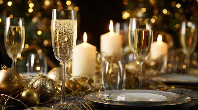 nonessential. Festive dining table with golden spumante and candlelight in luxurious atmosphere. menu design, packaging mockups, designed for food delivery and cloud-kitchen brand materials.