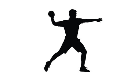 Silhouette of an athlete in midthrow preparing to launch a ball during a dynamic sports competition against a white background