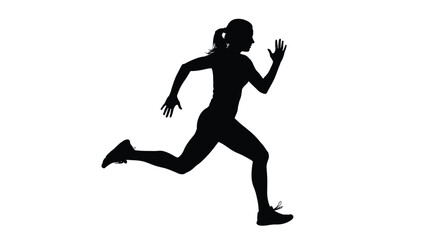 Silhouette of a determined female athlete sprinting forward with intense focus against a stark white background symbolizing speed and competition