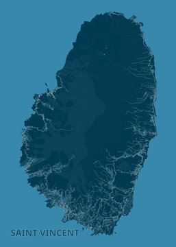 Map of Saint Vincent Island. The island is rendered in shades of dark blue, with lighter blue lines indicating elevation and waterways. The surrounding ocean is a lighter blue.