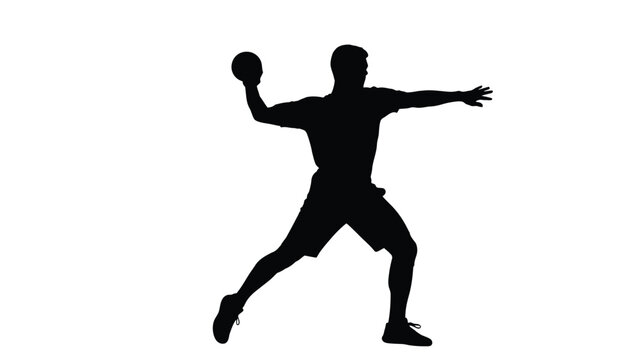 Silhouette of an athlete in midthrow preparing to launch a ball during a dynamic sports competition against a white background