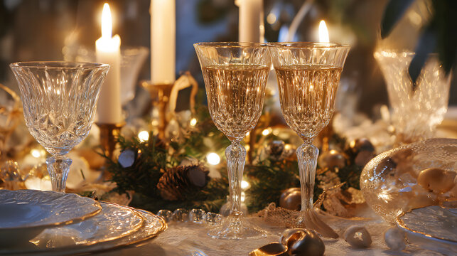 nonessential. Festive dining table with golden spumante and candlelight in luxurious atmosphere. menu design, packaging mockups, designed for food delivery and cloud-kitchen brand materials.