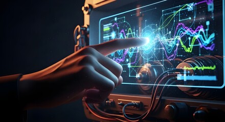 A hand interacting with a futuristic screen displaying colorful graphs and charts in a dark setting with a retro aesthetic.