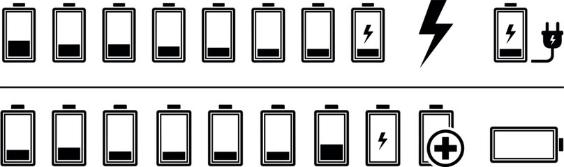Black Battery Level Icon Set with Charging and Low Power Symbols for Device Indicator